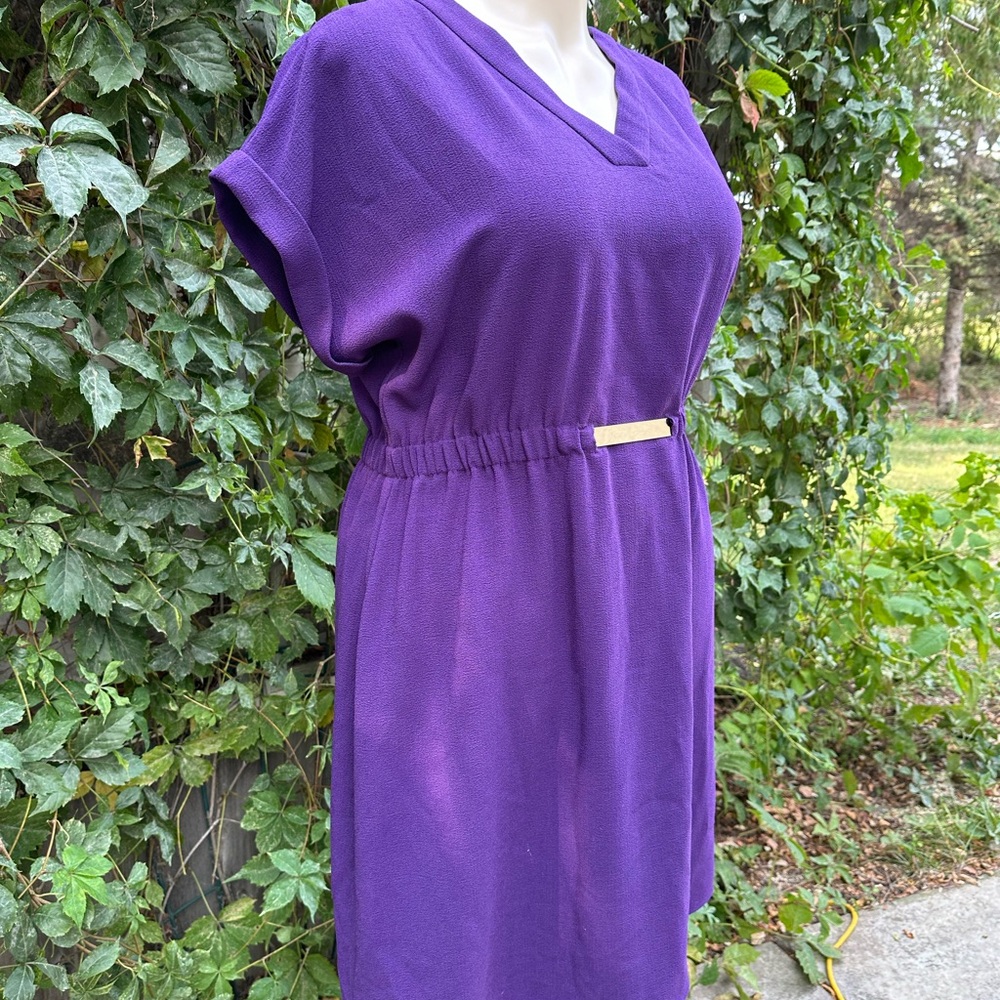 Lane Bryant Purple Midi Shift Dress V-Neckline Linen Cuffed Short Sleeve 14/16